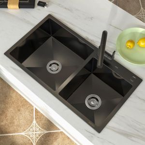 MEJE évier de cuisine en acier inoxydable double bac 78 x 43 x 225 cm avec trous pour robinetterie évier à encastrer noir