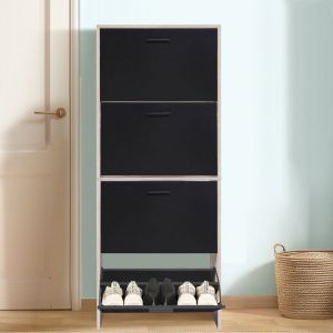CASABEL Meuble de Rangement à Chaussure 24 Paires - Grande Capacité pour Entrée - L60xP24xH150 cm - Portes Noires Cadre Bois Clair