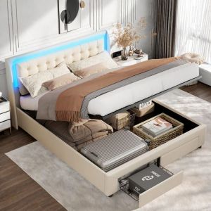 Lit coffre 140 x 190lit 140 x 190 avec sommierlit double capitonné lit adulte avec tiroirs tête de lit avec LED velours beige