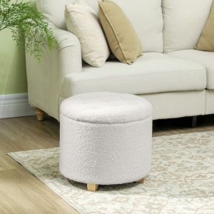 Pouf coffre rangement tabouret rond pouf repose-pieds en tissu bouclette charge 120 Kg &Oslash; 45 x 41 cm blanc