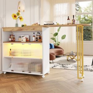 Table De Bar Extensible Table De Bistro Rotative Table À Manger Télescopique Table Haute Avec Rangement Bande LED ÉtagèresBlanc+
