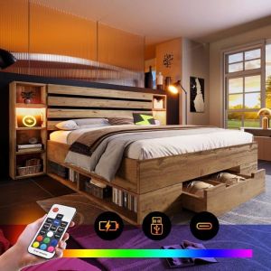 Lemonbest Lit Double en Bois Massif 160×200cm Lit Coffre avec éclairage LED et USB Type C tête et tiroirs de Rangement Chêne