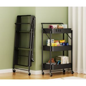 Dripex Desserte à roulettes pliante 3 paniers chariot de rangement stockage pour cuisine maison salon chambre - noir