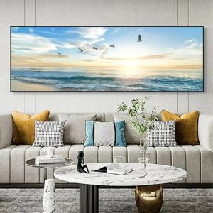 Grand paysage impression sur toile peinture mer lever du soleil mouettes volantes affiches pour art décoration 60x180cm sans cadre