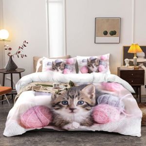 Housse de Couette 3D Chat 140×200 cmLiterie pour EnfantsImprimé Chat Mignon + 1 Taie doreiller 65×65cm