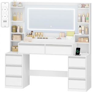 135cm Coiffeuse avec Miroir3 Lumi&egrave;res LED &agrave; Luminosit&eacute; R&eacute;glablePrises de CourantSupport pour S&egrave;che-Cheveux8 TiroirsBlanc-Argent