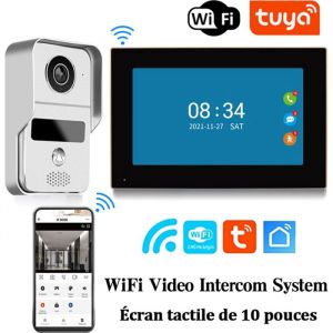 Visiophone TUYA WiFi 1080P 10 Ecran Tactile Application Intelligente pour Syst&egrave;me de Contr&ocirc;le dAcc&egrave;s RFID avec Carte SD 64 Go