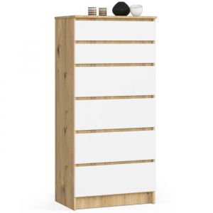 Commode haute 6 tiroirs - Dimensions 60x40x130 cm - Commode de chambre  - Chêne et Blanc - Meuble de rangement