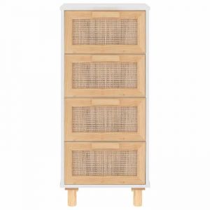 Buffet en bois de pin et rotin - WIENS - 40x30x90 cm - Blanc - Bois de pin massif - Rotin naturel - 4 tiroirs