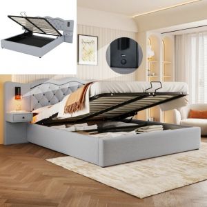 Lit Double 160x200 cm avec tête de lit et port USB lit coffre avec 2 lampes de chevet tissu en lin Style moderne gris
