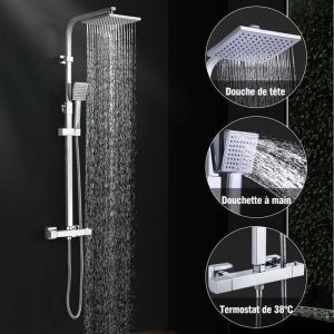 Colonne de Douche Thermostatique chromé Ensemble de Douche Réglable en Hauteur Système de douche en Laiton - Homelody