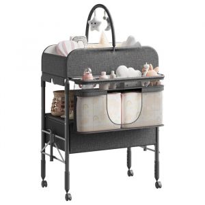 Table &agrave; langer portable avec 2 paniers de rangement -Commode pliante r&eacute;glable en hauteur avec roulettes -pour b&eacute;b&eacute;s-Gris