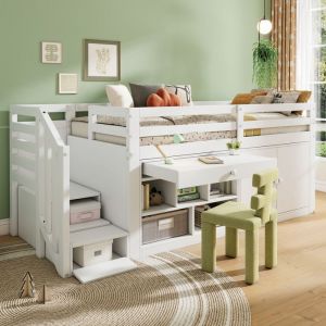 Lit mezzanine enfant modulable 90x200 - Rangement polyvalent Escalier/armoire réversible & Structure basse 995cm Blanc