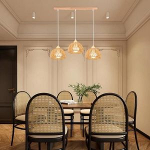 3 Lampes Suspension Luminaire Vintage Lustre Industriel en Bois Rotin Cage Abat-jour E27 &Eacute;clairage (Barre Rotin Marron) - SMOTOP