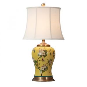 Lampe &agrave; Poser - Fine Asianliving - Porcelaine Chinoise - Fleurs Jaunes - Abat-jour en Lin - 40W