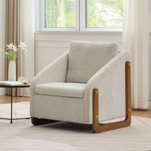 Fauteuil de salon moderne avec accoudoirs en bois et coussin de dossier 735 x 735 x 735 cm Chaise lounge Tissu chenille Beige