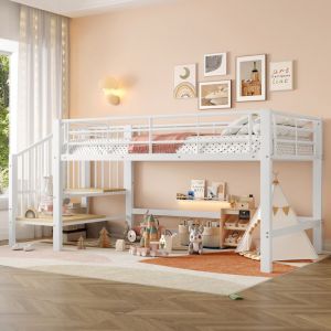 Lit mezzanine 90 x 200 cm avec échelle de rangement lit mi-hauteur pour enfants et adolescents structure en métal cadre de lit