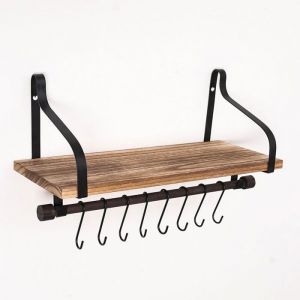 &Eacute;tag&egrave;res murales pour cuisine Organisateur de cuisine en bois rustique avec rail en bois et 8 crochets amovibles pour organis