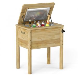 COSTWAY Glacière 51 L à Roulette en Bois de Sapin et Cyprès COOL BAR Plateau Relevable Isothermique pour BièreVinCocktails
