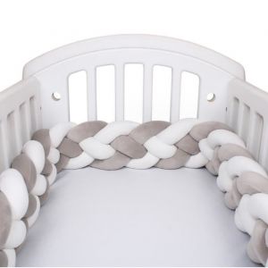 3M Tour de Lit B&eacute;b&eacute; 4 Brins Coussin Serpent Coussin Tress&eacute; Pare-chocs Velours Protection B&eacute;b&eacute; blanc + blanc + gris + gris