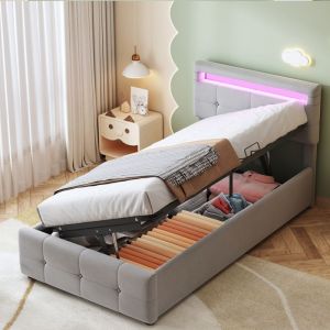 90x200 cm lit bébé rembourré avec éclairage LED lit de rangement hydraulique tête de lit réglable en hauteur lit superposé