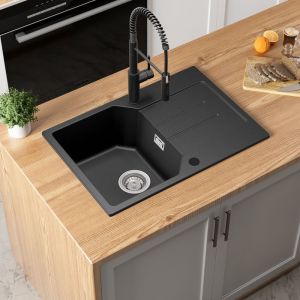 &Eacute;vier de Cuisine Noir 65x45CM - &Eacute;vier 1 Bac en Granit avec &eacute;gouttoir - pour Armoire de 40 cm et plus