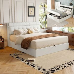 Lit 140x190 cm avec Rangement cach&eacute; au chevet lit coffre 140x190 cm avec sommier &agrave; lattes tissu en PU style &eacute;l&eacute;gant Blanc