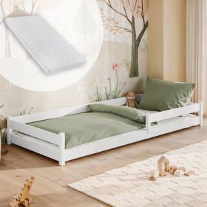 Lit enfant 90x190 cm - Matelas et sommier inclus - Lit au sol - Lit Montessori - Lit simple en bois de pin - Blanc