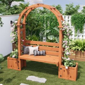 Arche de Jardin avec Banc et 2 Bacs Jardini&egrave;res Treillis en Bois pour Plantes Grimpantes & Vignes Pergola Ext&eacute;rieureTerrasseCour