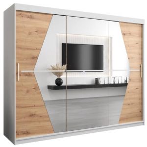 ABIKSMEBLE Boliwia 250 Armoire à Trois Portes Coulissantes  avec Miroir Tringle et Étagères 250x200x62 cm Blanc et Artisan