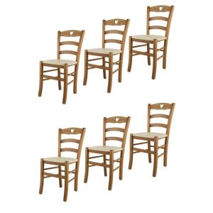 Tommychairs - Set 6 Chaises cuisine CUORE structure en bois de hêtre peindré chêne assise en cuir artificiel ivoire