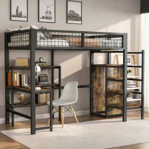 Lit Mezzanine 1 Place avec Bureau 140x200lit superposé Enfant avec Armoirelit Enfant avec Barriere en Fersans MatelasNoir