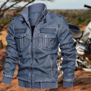 Veste en jean - FUNMOON - Grande taille - Couleur bleu - Casual - Col en cuir