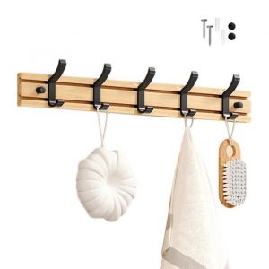 Porte Manteau Bambou Mural Patères 5 Crochets pour Suspendre Vêtements Peignoirs Serviettes Manteaux Crochet Mural (Noir)