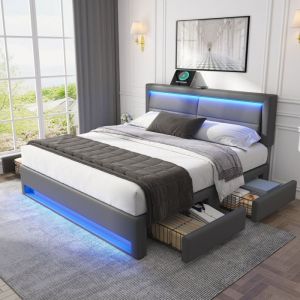 Lit coffre - Lit adulte double 140x190 cm avec LED et USB - Lit rembourré avec charge sans fil et rangement - PU Gris