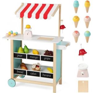 DREAMADE Marchande Enfants en Bois Stand Vendeur avec Auvent et 2Roues - Accessoires6C&ocirc;nes Balance Cloche Jeu d&rsquo;Enfants 3Ans+