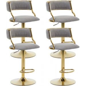 Wahson Tabouret Bar Lot de 4 Tabouret de Bar Réglable en Velours Chaise Haute Bar Pivotant avec Pied Doré pour Ilot Central Gris