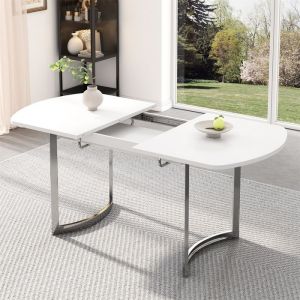 Table Extensible Salle a Manger Table a Manger Blanche Extensible avec Support en Alliage Haute R&eacute;sistance Pieds en M&eacute;tal Argent&eacute;