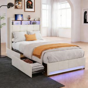 Lit Simple 90x200 cm avec Sommier - Lit avec LED et USB - Lit Coffre avec 2 Tiroirs de Rangement - Cadre de Lit en M&eacute;tal - Lin beige