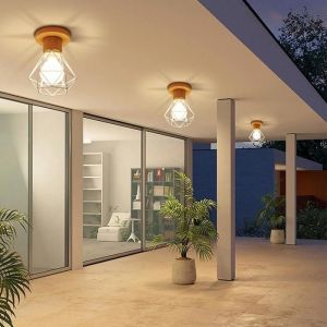 WOTTES Plafonnier Industriel E27 Lustre &Eacute;clairage Plafond Luminaire Vintage M&eacute;tal et Bois Forme Cage 3PCS Blanc Pour Salon