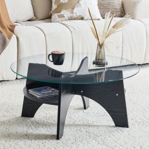 Table Basse Ronde Moderne en Verre Cadre en Forme D&Eacute;ventail Pieds de Table en MDF Aspect Noyer Table dappoint Noir