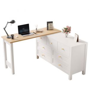 Bureau 7 tiroirs avec plateau rotatif 360&deg; - Etabli 2 en 1 buffet coiffeuse dangle L blanc ch&ecirc;ne naturel