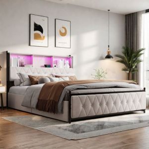 Lit 160x200 Lit coffre 160x200 cmLit double capitonn&eacute; avec rangement 160x200 cm T&ecirc;te de lit avec LED et 4 tiroirs Velours Beige