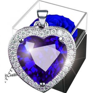 Rose &Eacute;ternelle avec Saphir Collier Conserv&eacute;e avec Bijoux Argent 925，Fleurs Pr&eacute;serv&eacute;es Coeur CristalBirthstone Pendentif Bleu