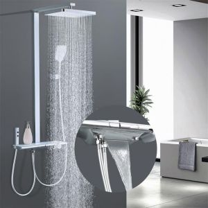 Colonne de Douche Thermostatique Chrome avec Douche Pluie Douchette à Main 4 types de jets Panneau Thermostatique de 50 cm