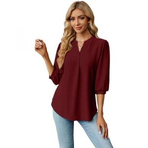 Chemisier Femme Col En V Manches 3-4 Couleur Unie Casual Chemise L&acirc;che Ete D&eacute;contract&eacute; Confortable - Taille EU - Bordeaux