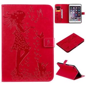Gaufrage Coque pour iPad mini- 2- 3- 4- 5 iPad mini Housse Tablette Protection avec Support PU Cuir Antichoc Etui - Rouge