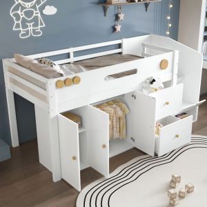 O.Ye Lit en bois massif 90x200cm lit enfant lit mi-hauteur &eacute;chelle de rangement avec porte magn&eacute;tique grands multi LIT COMBINE