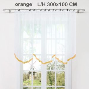 Store voilage transparent rideaux courts fenetre en voile fleurie de cuisine avec ruban orange L-H 300x100 CM