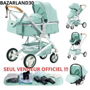 BAZARLAND30.Poussette 3 en 1 Bébé Combinée Siège-Auto Nacelle Trio Réversible Réglable Haute Qualité Roues increvables Canne. VERT